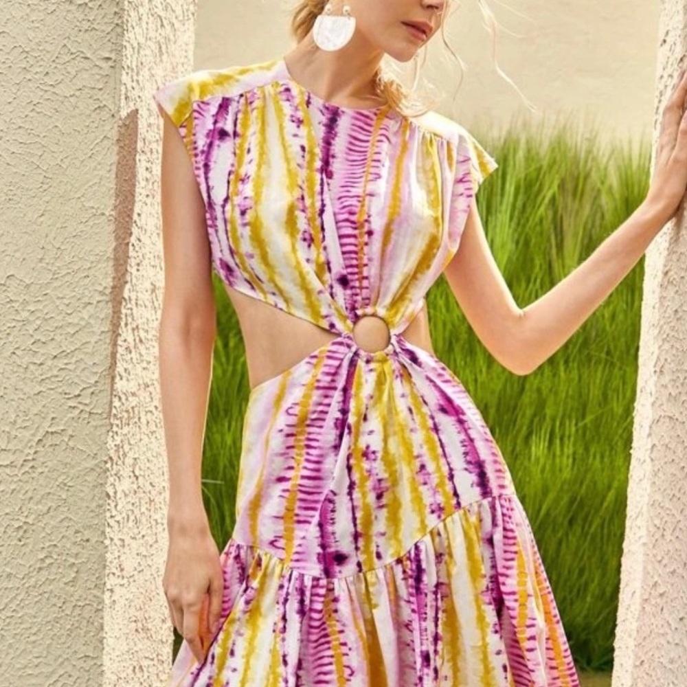 SHEIN Tie Dye Cut Out Ruffle Hem Dress